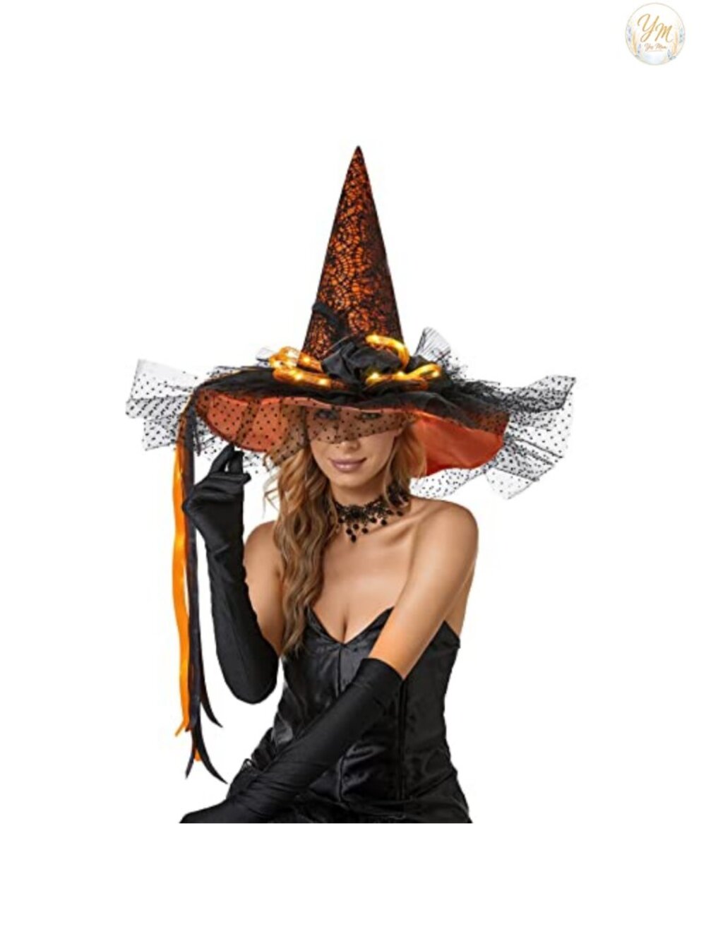 LED Lighted Witch Hat Halloween Costume Gauze Feathers Cosplay